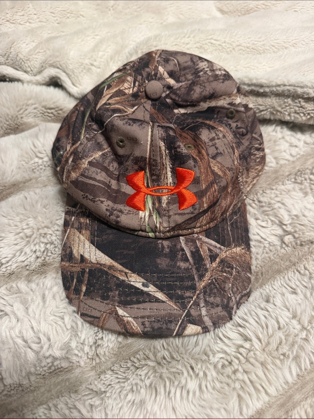 Under Armour Camo Baseball Cap with Bright Orange Logo